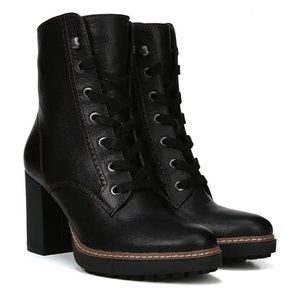 Black Leather Heeled Lace Up Combat Boots, Size 6.5